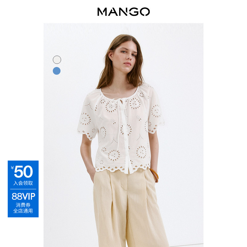 Mango Women's Shirt 2026 Summer New Style Lazy Style Tie-Neck Cotton Cut Out Embroidered Shirt