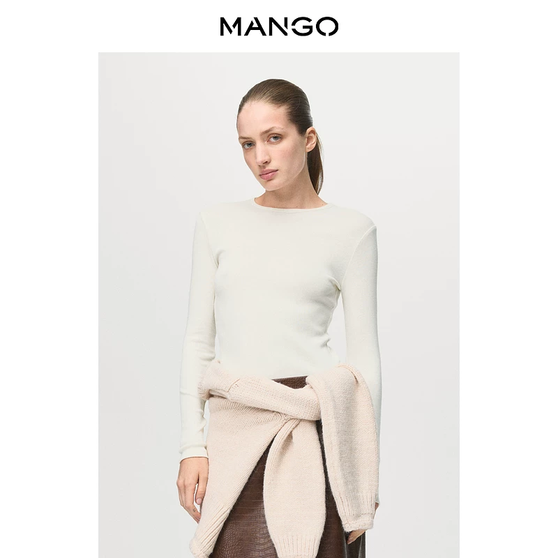 Весенний футболка Mango, удобная длинный рукав с круглым воротом, узкий силуэт