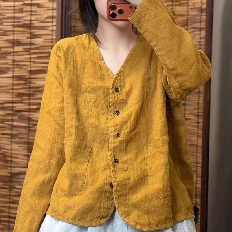 Lightly Mature Chinese Style Artistic Cotton and Linen Shirt Women's T-Shirt Loose V-Neck Long-Sleeved Single-Breasted Retro Simple High-End Top Lightly Mature Chinese Style Artistic Cotton and Linen Shirt Women's T-Shirt Loose V-Neck Long-Sleeved Single-Breasted Retro Simple High-End Top
