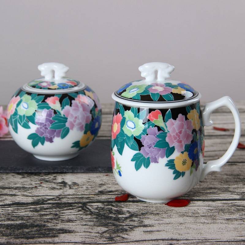 The Xiangli Kiln Glaze under the glaze Five colorful full flowers Ruyi tea tea leaf jar suit Business delivery office drinking water cup