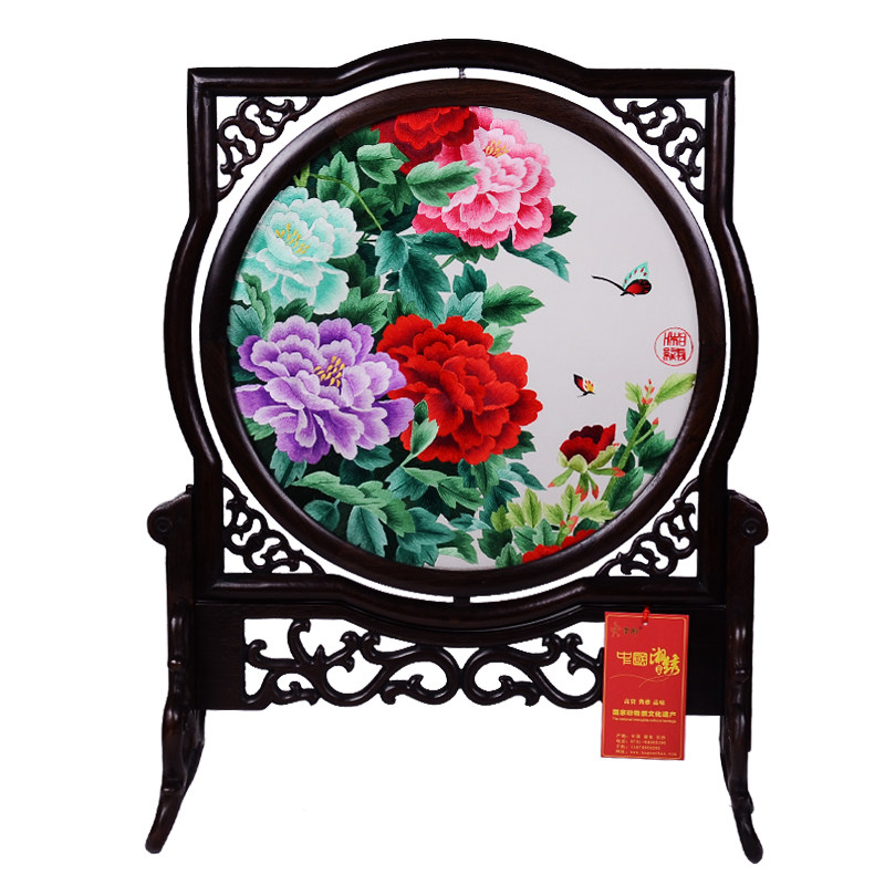 Hand-made Xiang embroidery double-sided embroidery artwork decoration Peony silk embroidery Collection gift Wenge wood curved frame