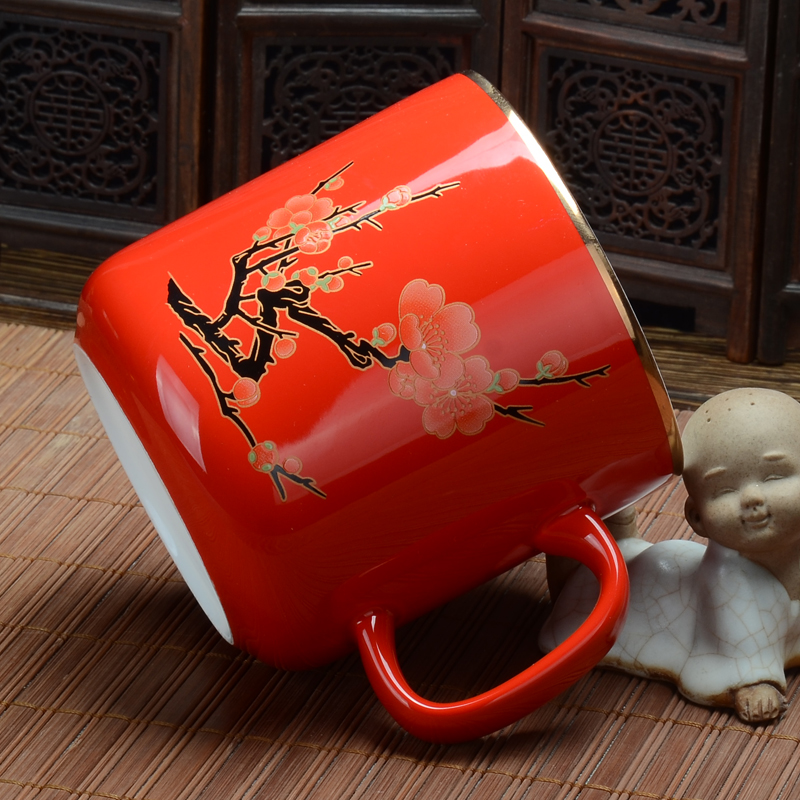 Liling red ceramic cup name plum flower general red yellow cups with cover business gifts can be customized LOGO