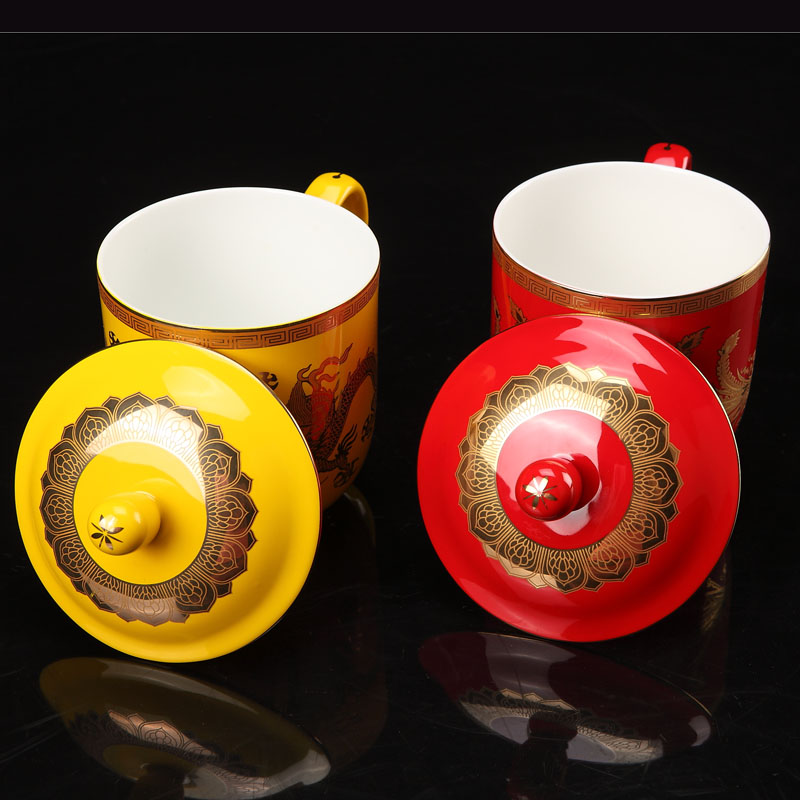 Liling red porcelain teacup longfeng cup of glass ceramics couples wedding wedding gift practical keller