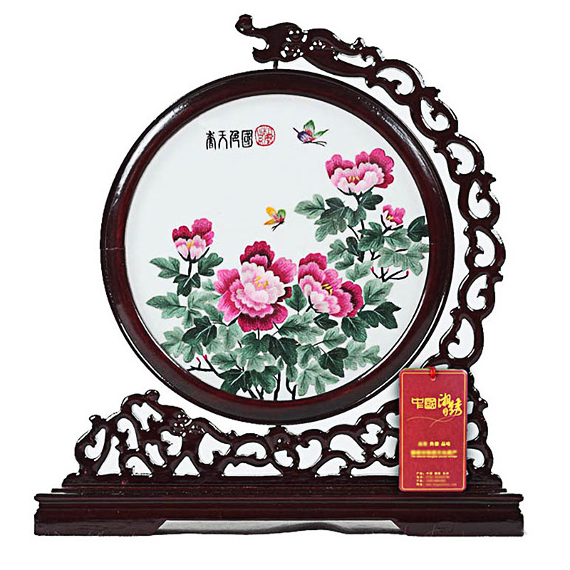 China Xiangxiu double-sided embroidery National color Tianxiang peony a needle line hand-embroidered art decoration ornaments