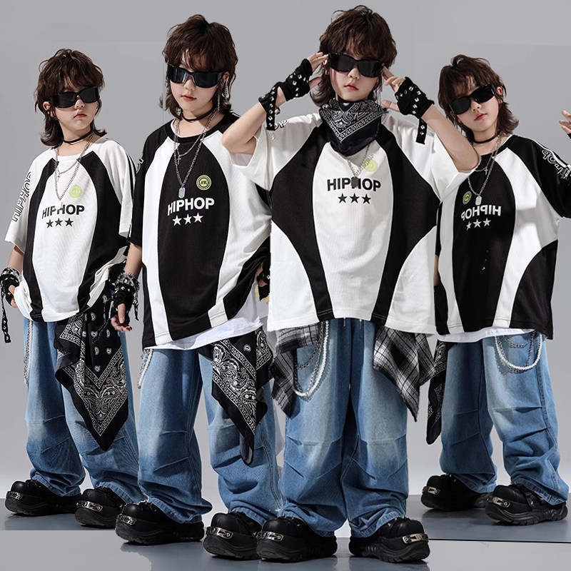 少儿街舞服装男童嘻哈美式舞蹈球服套装女孩hiphop儿童表演出潮服