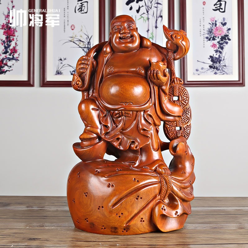 Wood carving Maitreya Buddha ornaments solid wood craft gifts home accessories Laughing Buddha statue large porch offering table