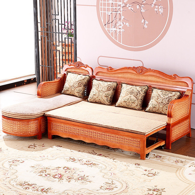 Rattan Sofa Composition Living Room Trio Sofa L Type Rattan Sofa Corner Small Household Type Multifunction Push-and-pull Sofa Bed