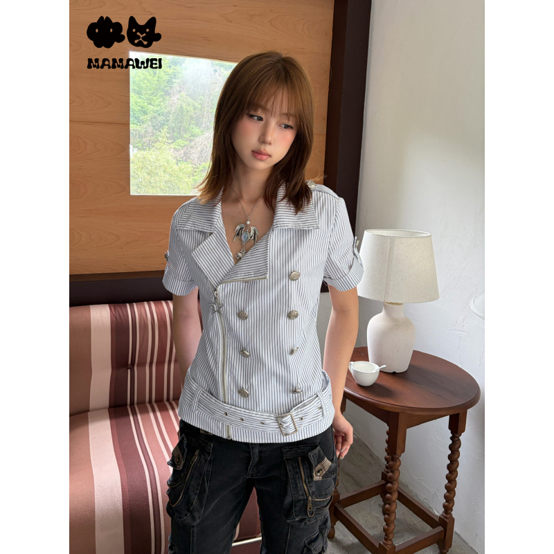 Mamawei Striped Court-Style Nautica-Inspired Slim-Fit Double-Breasted Zip-Up Shirt, Slimming for Summer