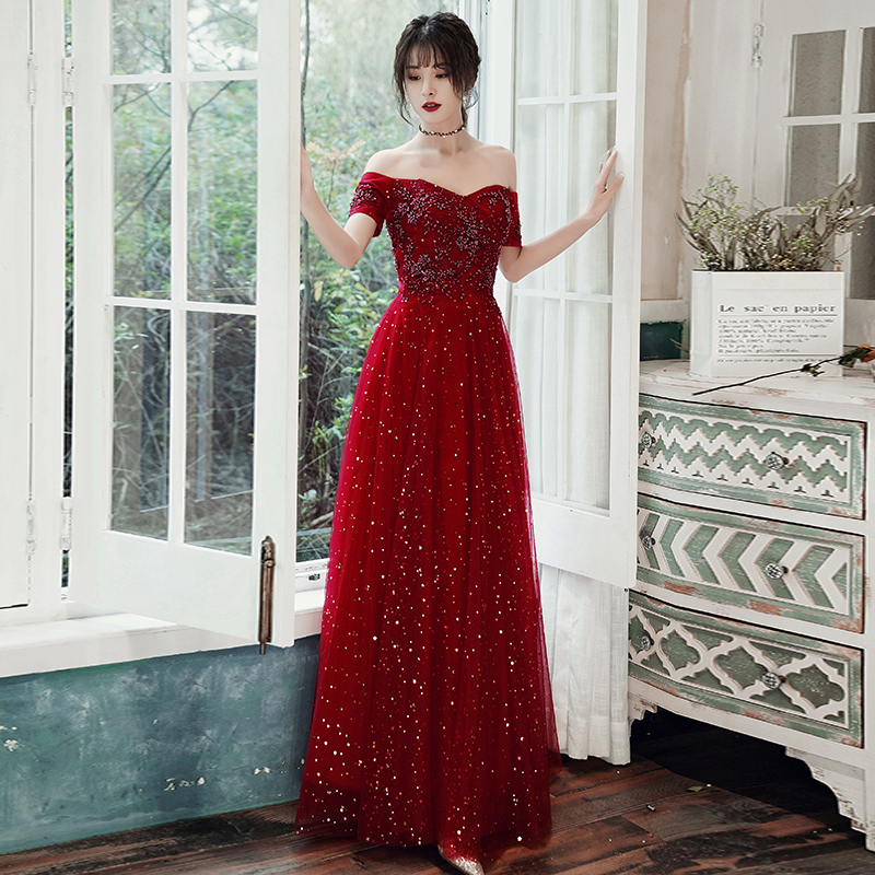 Straight Shoulder Toast Bridal 2022 New Advanced Senses Summer Wine Red Wedding Gown Women Engaged Foreign Dress