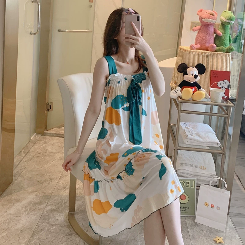 Mùa hè phong cách mới đẹp tinh khiết bông tinh khiết dễ thương váy dây treo công chúa phương thức sinh viên hoạt hình cô gái mặc đồ ngủ ở nhà cộng với kích thước - Đêm đầm