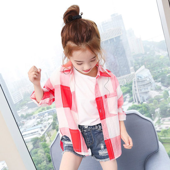 Girls' shirt sun protection clothing 2024 summer new style big children's style plaid shirt children's girls light jacket