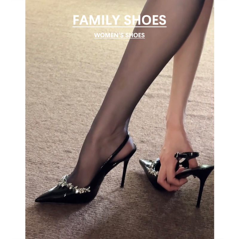 Genuine Leather Pointed-Toe Black High-Heeled Shoes for Women 2026 New Summer Style with Ankle Strap, Closed-Toe, Stunning Rhinestone Stiletto Sandals