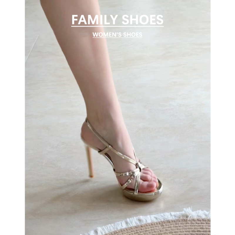 Genuine Leather Gold Waterproof Platform High-Heeled Shoes for Women, 2026 New Summer Versatile Cross-Strap Stiletto Stunning Sandals