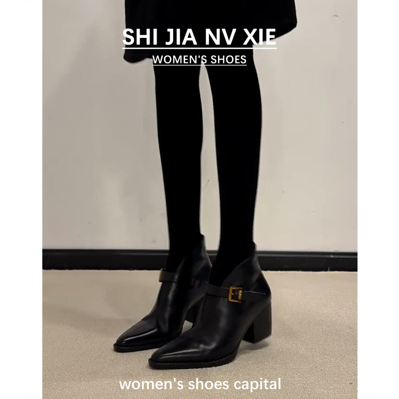 Genuine Leather Pointed-Toe Short Boots for Women 2026 New Autumn and Winter Retro Belt Buckle Ankle Boots Silent Versatile High-Heeled Boots Genuine Leather Pointed-Toe Short Boots for Women 2026 New Autumn and Winter Retro Belt Buckle Ankle Boots Silent Versatile High-Heeled Boots