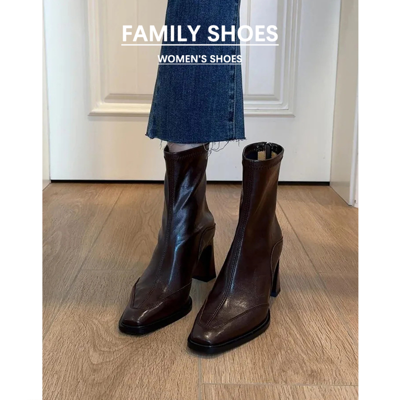 Genuine Leather High-Heeled Slim Boots for Women, 2026 New Autumn and Winter Models, Very Beautiful, Melard Thick Heel Elastic Short Boots Genuine Leather High-Heeled Slim Boots for Women, 2026 New Autumn and Winter Models, Very Beautiful, Melard Thick Heel Elastic Short Boots