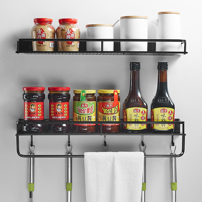 Kitchen rack wall hanging free punch seasoning can box storage corner wall hanging hardware pendant hook black
