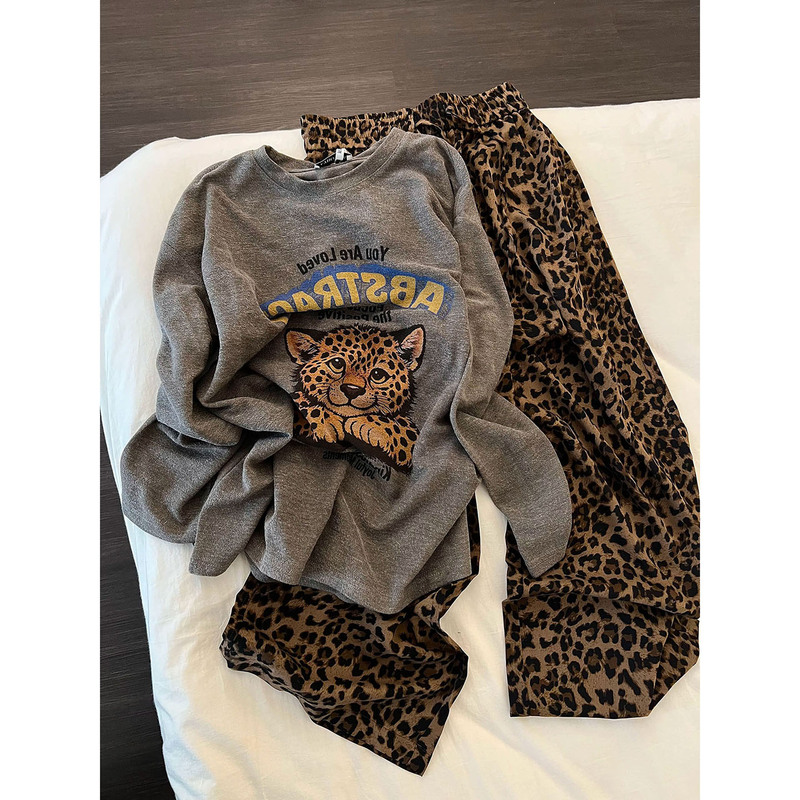 Japanese Gp&Jp Korean-Style Lazy Leopard Print Long-Sleeve Pajamas for Women, Autumn and Winter Leopard Print Long Pants Loungewear Set