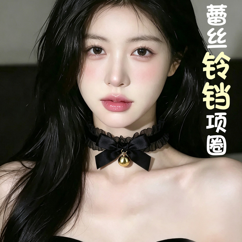 Thorn Rose~The Bell Will Ring. Black Lace Bow Choker with Unique Design for Women, Neckband Clavicle Chain