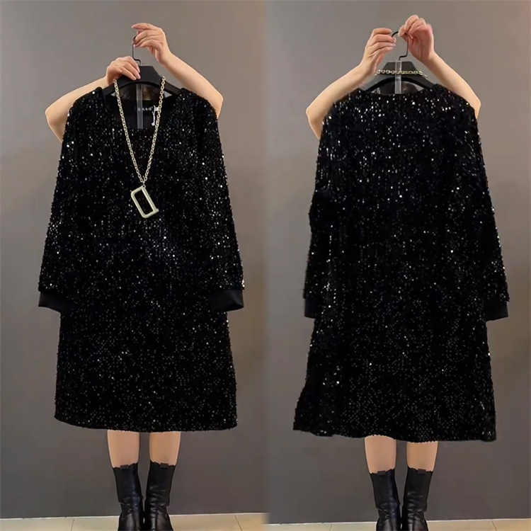 Plus Size Dress 2026 Autumn and Winter New Style 100kg Fashionable Mid-Length Heavy Sequin Long-Sleeve Base Dress for Curvy Women Plus Size Dress 2026 Autumn and Winter New Style 100kg Fashionable Mid-Length Heavy Sequin Long-Sleeve Base Dress for Curvy Women