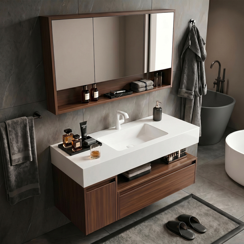Bathroom Cabinet with Vintage Hotel Style, Integrated with Pull-Out Baskets, Seamless Ceramic Basin, and Solid Wood Washbasin Cabinet Combination Bathroom Cabinet with Vintage Hotel Style, Integrated with Pull-Out Baskets, Seamless Ceramic Basin, and Solid Wood Washbasin Cabinet Combination