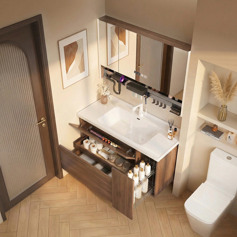 Japanese-Style Washbasin Cabinet Bathroom Cabinet Set Vintage Walnut Color Ceramic Integrated Basin with Pull-Out Storage Basket