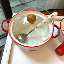 Korean Girl Hearts Strawberry Double Ear Blister Noodle Bowl with cover Student Dormitory Ceramic Bowl convenient noodle bowl microwave heating