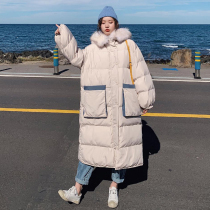 Pregnant womens winter dress thickened cotton jacket Korean version of knee cotton coat womens winter down cotton jacket long loose bread suit