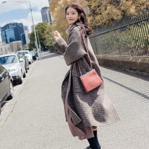 Maternity wool coat womens autumn 2020 new Korean version loose in the long section thousand grid bird coat autumn section