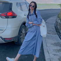 Autumn maternity dress temperament striped breastfeeding dress Spring and autumn fashion long loose belly belly shirt skirt