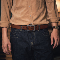 Mens tooling style waist belt head layer thick tanning leather belt American retro Japanese character needle buckle steel buckle