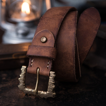 Exotic wild natural handmade hammering mottled old brass belt buckle mens belt soft