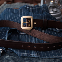 Mens retro casual copper buckle leather belt Europe imported thick tanned cowhide belt solid buckle thick