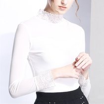 Mesh fashion inside the black turtleneck long-sleeved Western style lace base shirt Womens sense of top thin section see-through wild