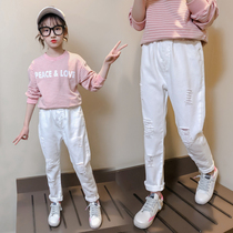 Girls White Pants 2021 Spring and Autumn New Girls Korean version of Beggar Breaking Cave Jeans