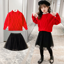 Girls winter suit 2021 Winter Childrens sweater skirt two-piece set little girl foreign-like bottom princess dress
