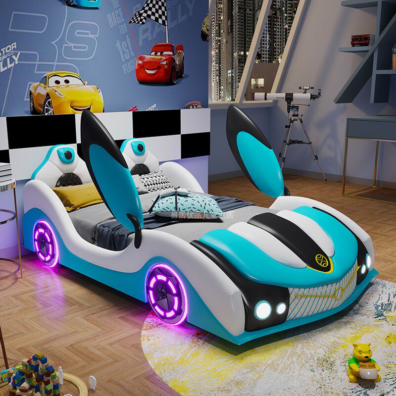 Children car beds 1 5M boys Racing single leather bed multifunction cartoon with guardrail solid wood splicing bed