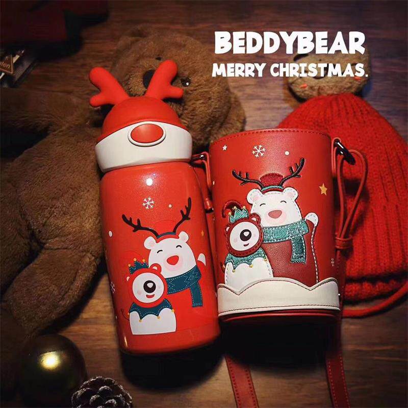 Korean cup bear Christmas antlers children's thermos cup male and female students portable cartoon with straw dual-use kettle