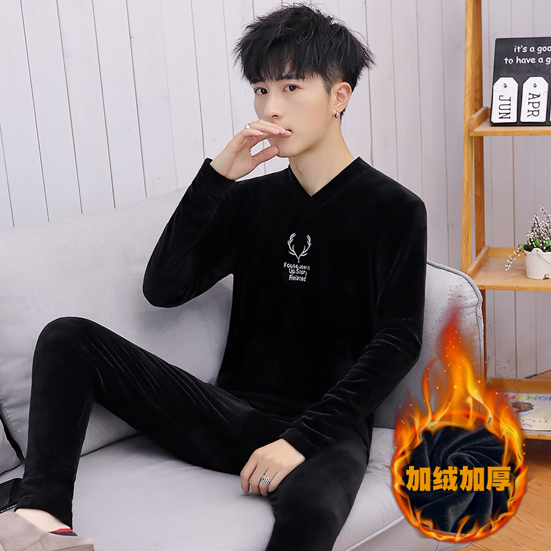 Heating clothes men's suit autumn and winter v-neck padded plus velvet youth golden velvet bottoming shirt men's autumn clothes sanitary pants
