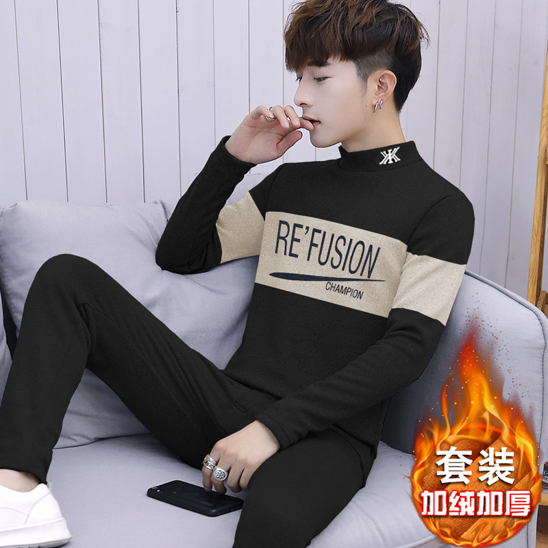 Teenagers thermal underwear gold velvet suit autumn and winter plus velvet thick bottoming shirt men's student autumn clothes and long johns