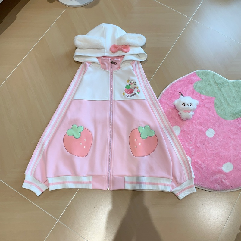 Qiuqiu LAOSHU Soft and Cute Color-Block Strawberry Embroidered Rabbit Ear Zipper Long Sleeve Jacket