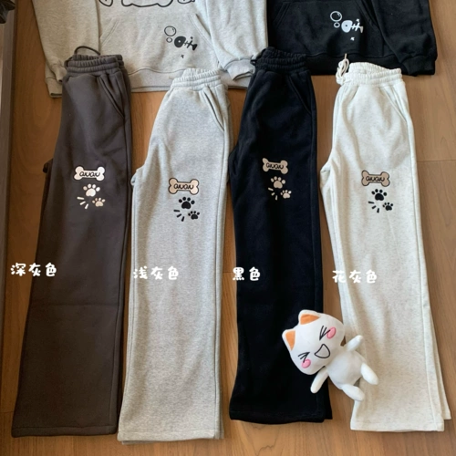 Японские милые флисовые штаны, с вышивкой, свободный прямой крой