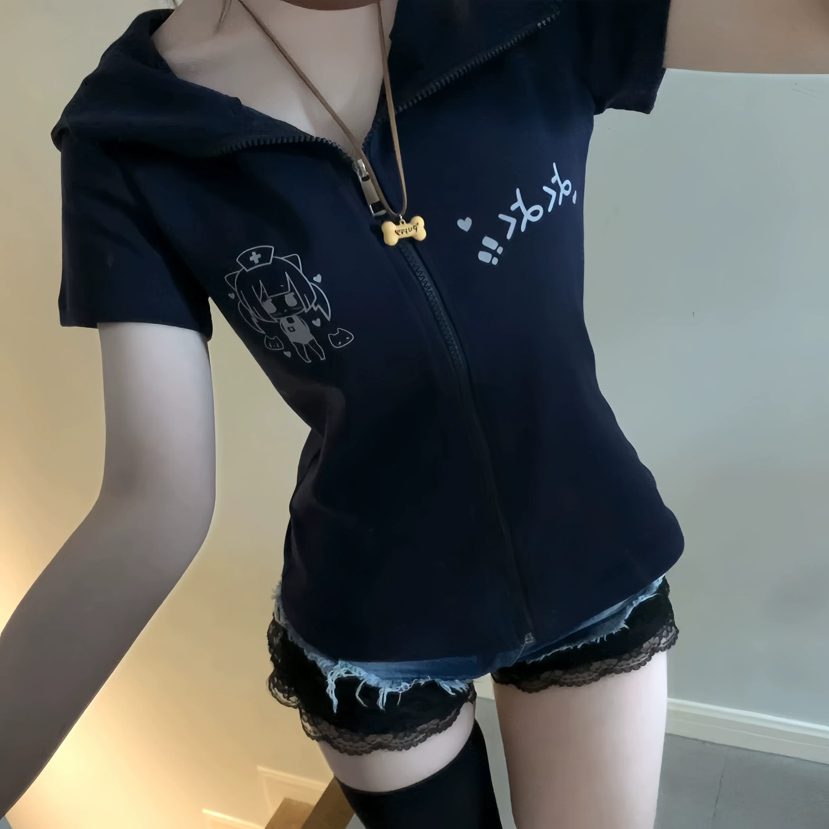 Японская летняя куртка женская slim-fit, короткий рукав, стиль «кошачьи уши», тёмно-синяя