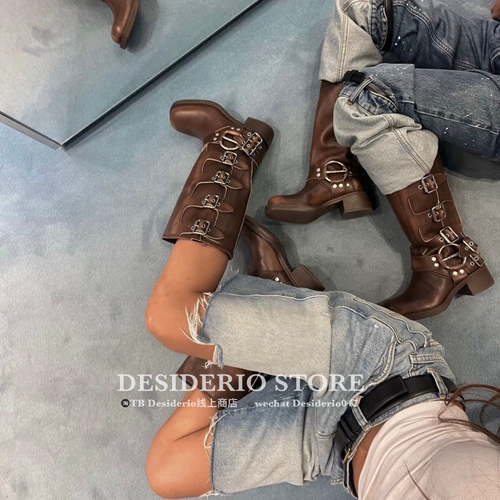Miu miu miumiu Buckle Boots Multi-Boutton круглые ботинки круглые ноги подлинной покупки