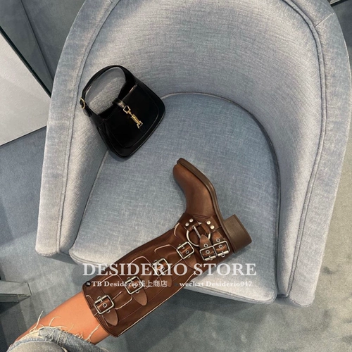 Miu miu miumiu Buckle Boots Multi-Boutton круглые ботинки круглые ноги подлинной покупки