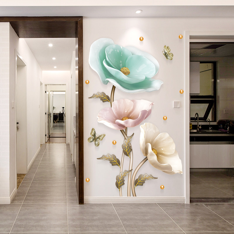 3D three-dimensional lotus wall stickers Living room entrance background wall stickers wallpaper self-adhesive wallpaper Bedroom room decoration stickers