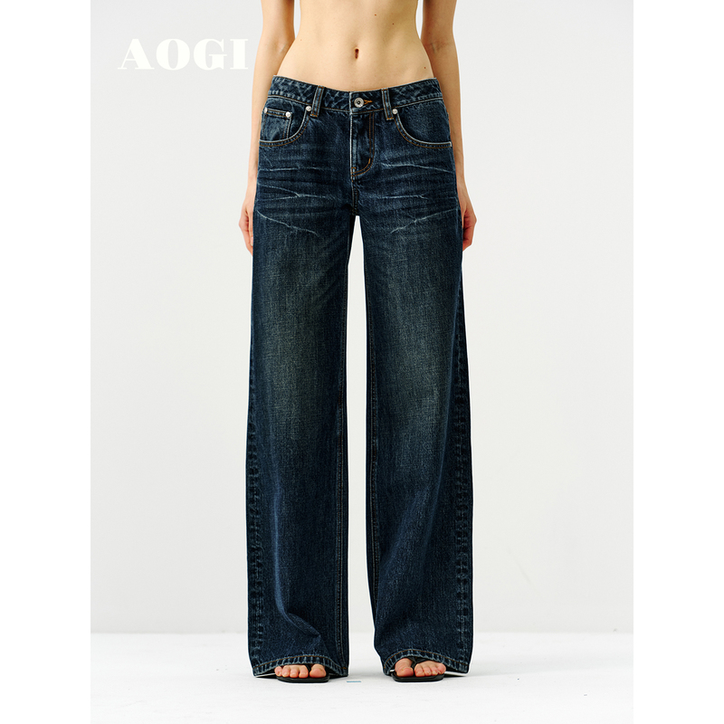 Aogi 21 Low-Rise Stone-Washed Distressed Whiskered Hand-Stitched Vintage Straight-Leg Jeans