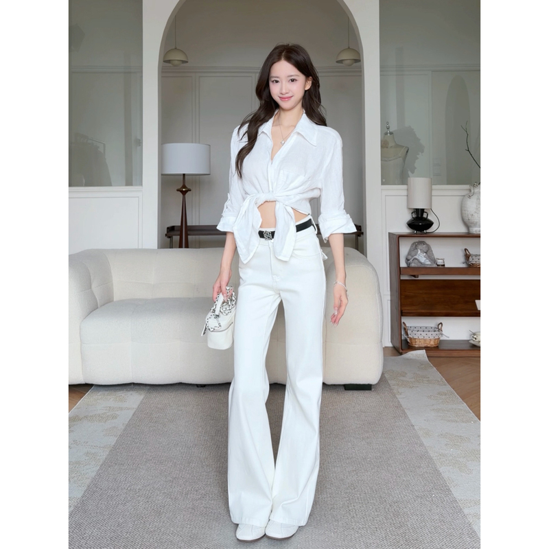 Little Rabbit Herbal Tea [Tea White] Original Design Spring/Summer New Four-Way Stretch Lyocell Flared Wide-Leg Denim for Women