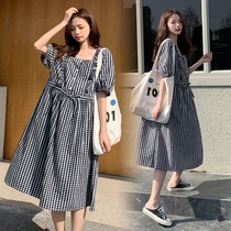Pregnant womens dresses large size loose out trendy mom summer clothes 2021 new maternity clothes plaid fairy dress