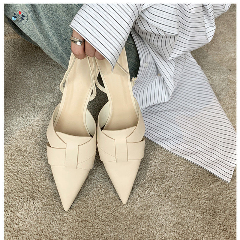 Cross-band bag head two wear sandals women's thick heel net red new mid-heel half slippers female pointed toe hollow single shoe woman