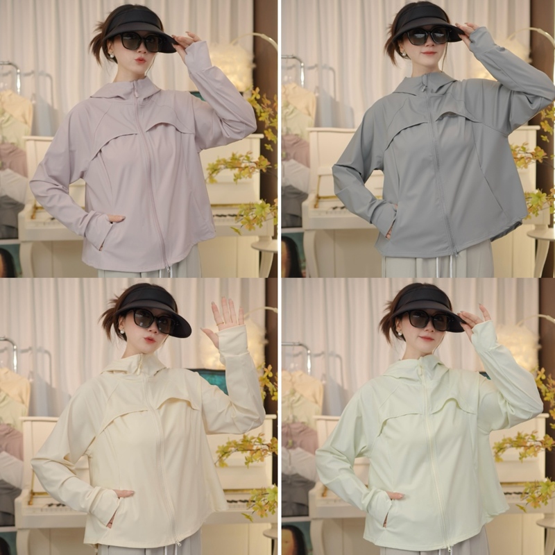 [Upgraded Four Pockets + Double Zipper] Nylon Original Yarn Ice Skin Hooded Breathable Sun Protection Clothing with Front and Back Mesh 717
